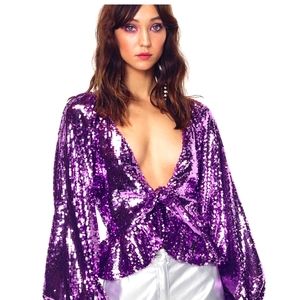 FOR LOVE & LEMONS Purple Sequin Metallic Madeline Blouse Top NWT